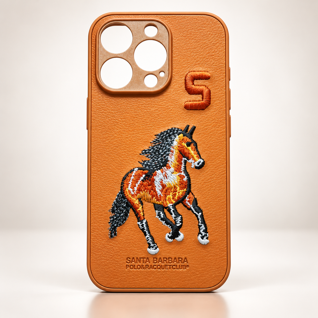 Brown iPhone 15 Pro case with textured synthetic leather back and embroidered horse design