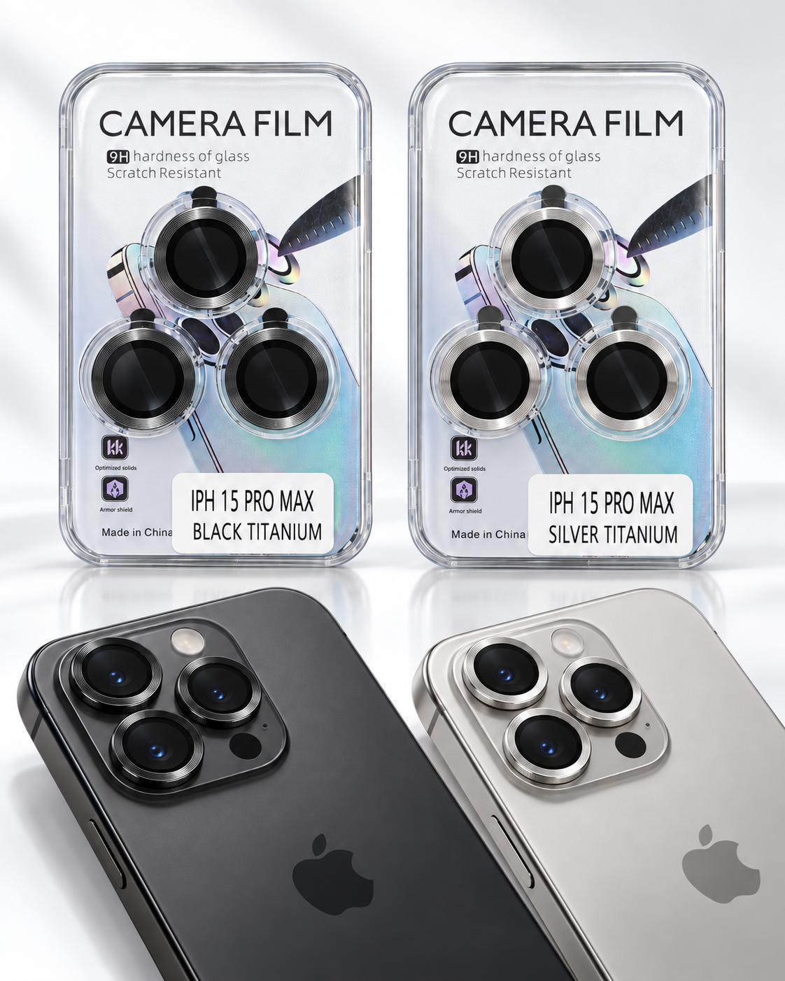iPhone 15 Pro Max camera lens protector sets in black titanium and silver titanium with grooved rings