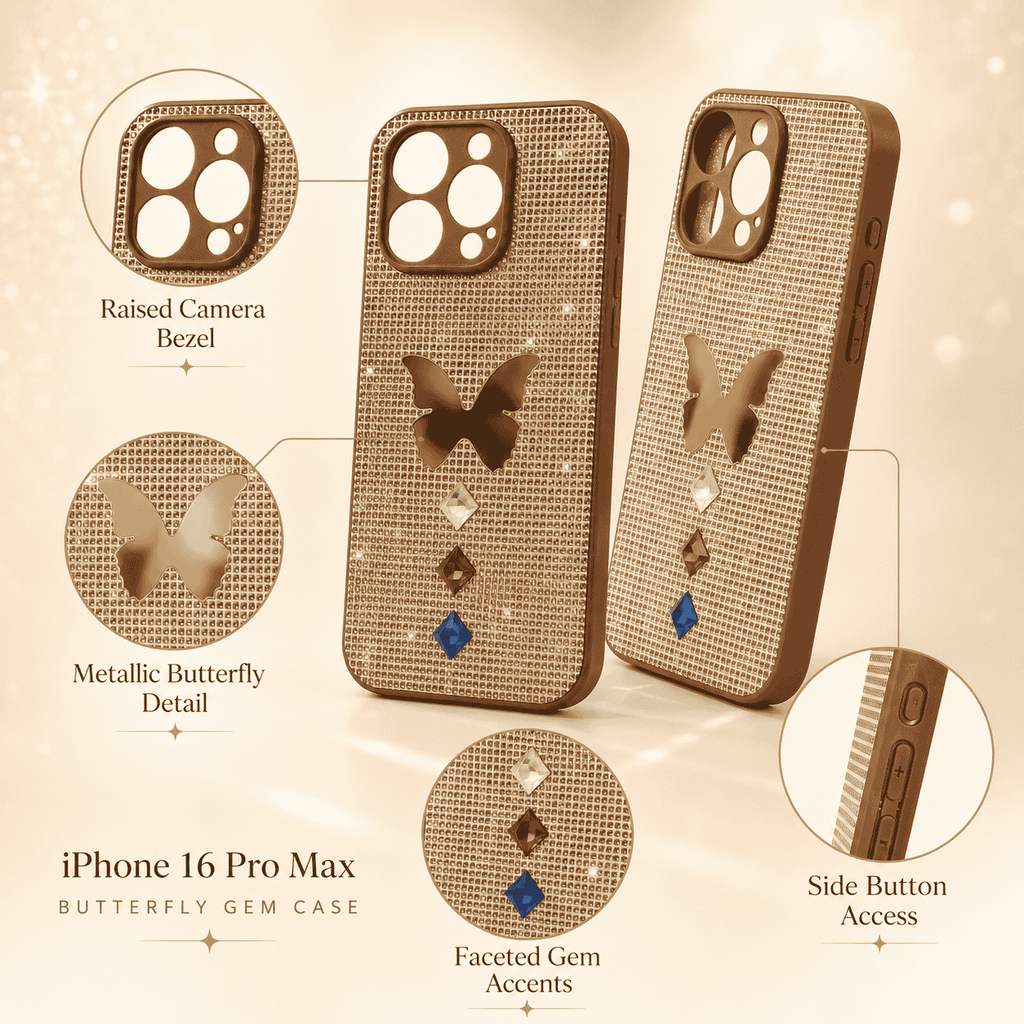 iPhone 16 Pro Max butterfly rhinestone glitter case feature infographic
