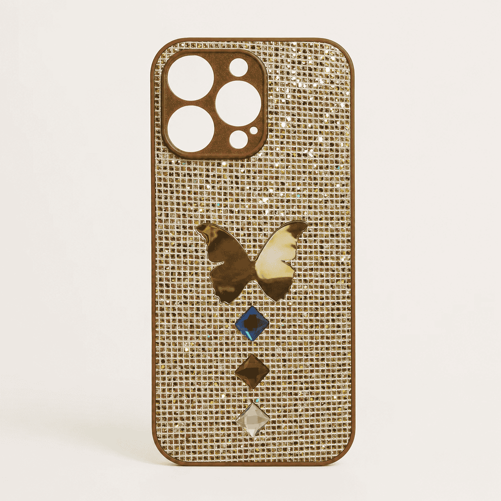 iPhone 16 Pro Max butterfly rhinestone glitter case, angled product view