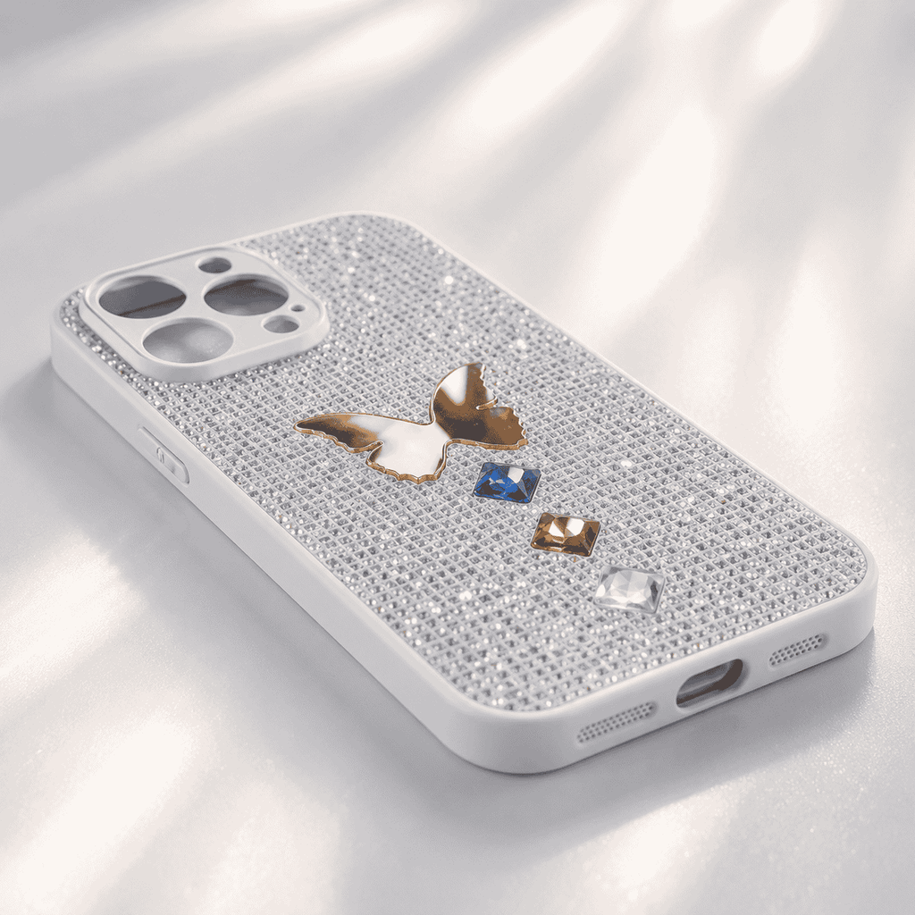 iPhone 16 Pro Max rhinestone glitter case detail infographic showing camera and side cutouts