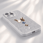 iPhone 16 Pro Max rhinestone glitter case detail infographic showing camera and side cutouts
