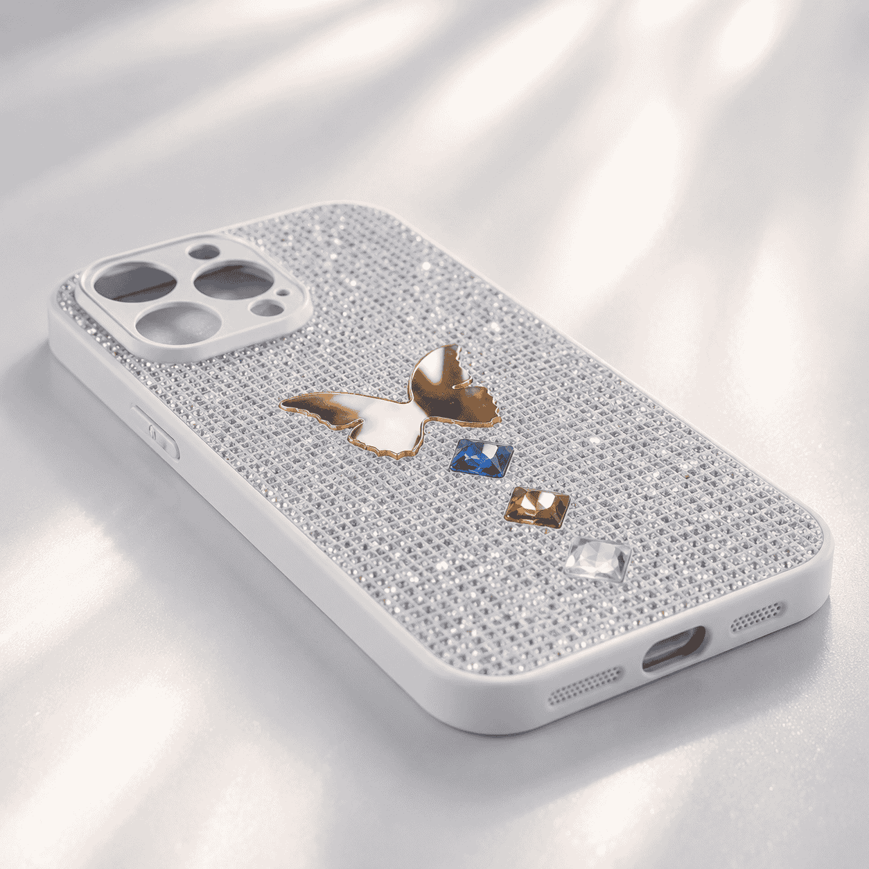 iPhone 16 Pro Max rhinestone glitter case detail infographic showing camera and side cutouts