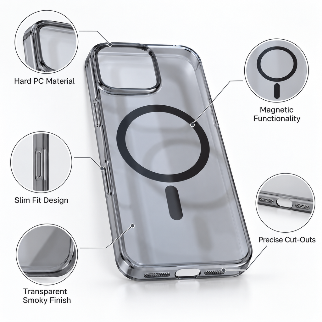 Hard PC magnetic case infographic showing slim fit, magnetic ring and precise cutouts