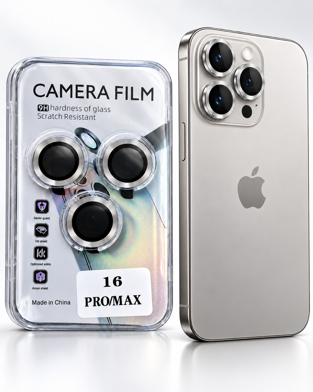 iPhone 16 Pro Max silver camera lens protector set with fine concentric grooved rings