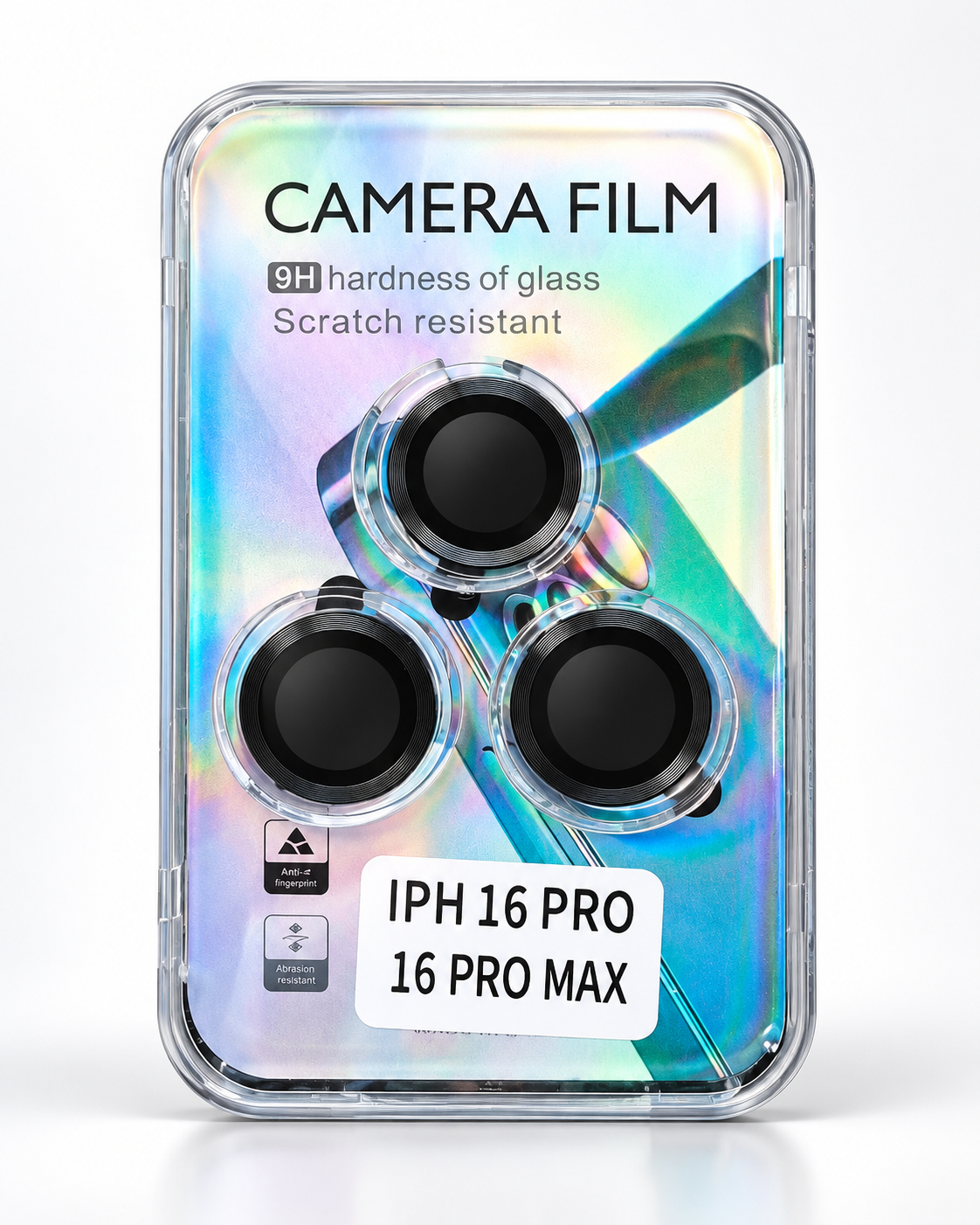 A clear protective camera film set for iPhone 16 Pro and iPhone 16 Pro Max, shown in a transparent case with three circular black camera lens protectors. The packaging features an iridescent holographic background with text highlighting '9H hardness of glass' and 'Scratch resistant'.