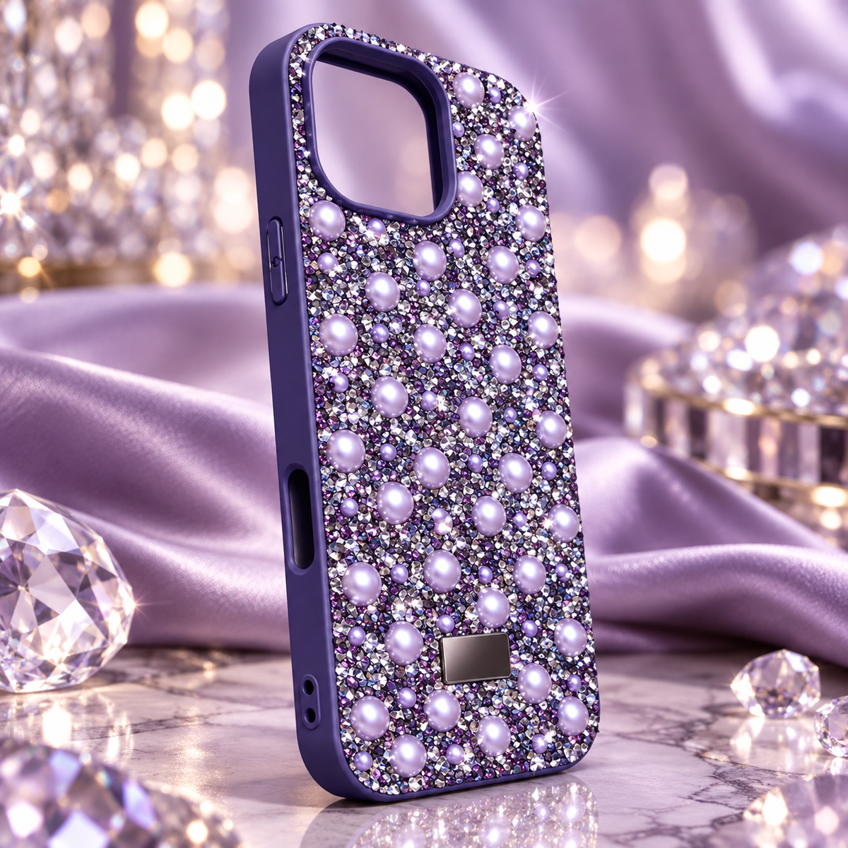 A purple phone case covered in sparkling silver and purple rhinestones and large faux pearls, standing upright on a reflective marble surface with draped lavender and crystal props in the background.