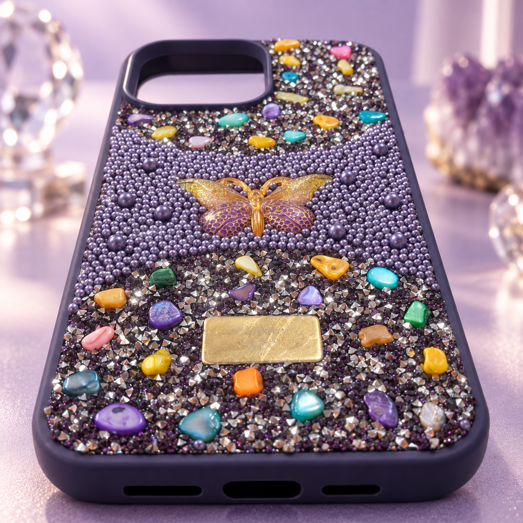 Close-up of purple butterfly iPhone case with pearls, glitter, pebble-like stones and colourful gem-style accents