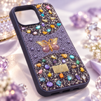 Luxury 3D butterfly pearl and rhinestone-style silicone iPhone case with shiny stones, angled view