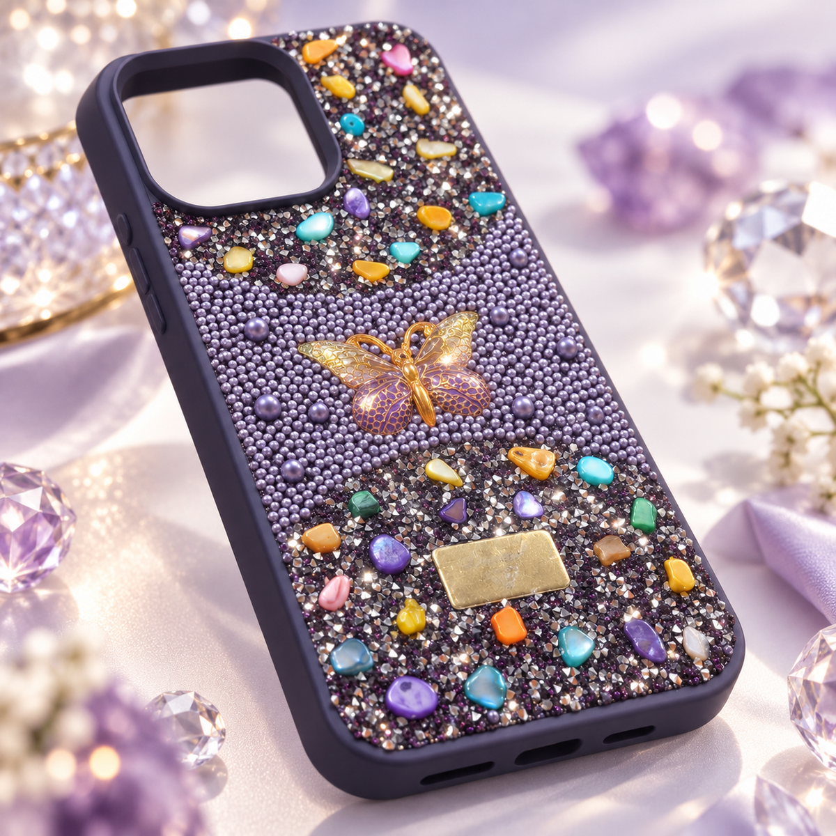 Luxury 3D butterfly pearl and rhinestone-style silicone iPhone case with shiny stones, angled view