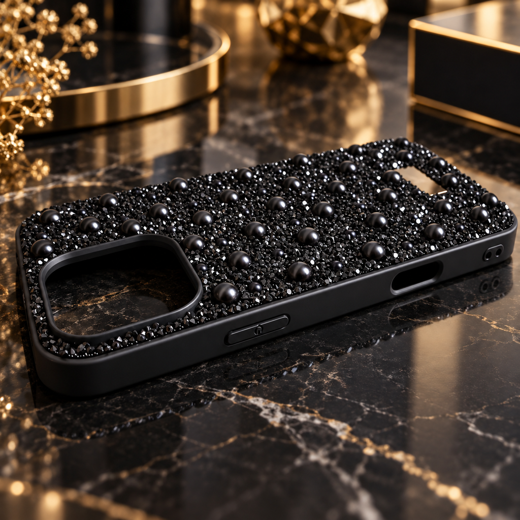 A black phone case embellished with black rhinestones and glossy black beads, resting on a polished black marble surface with gold accents.