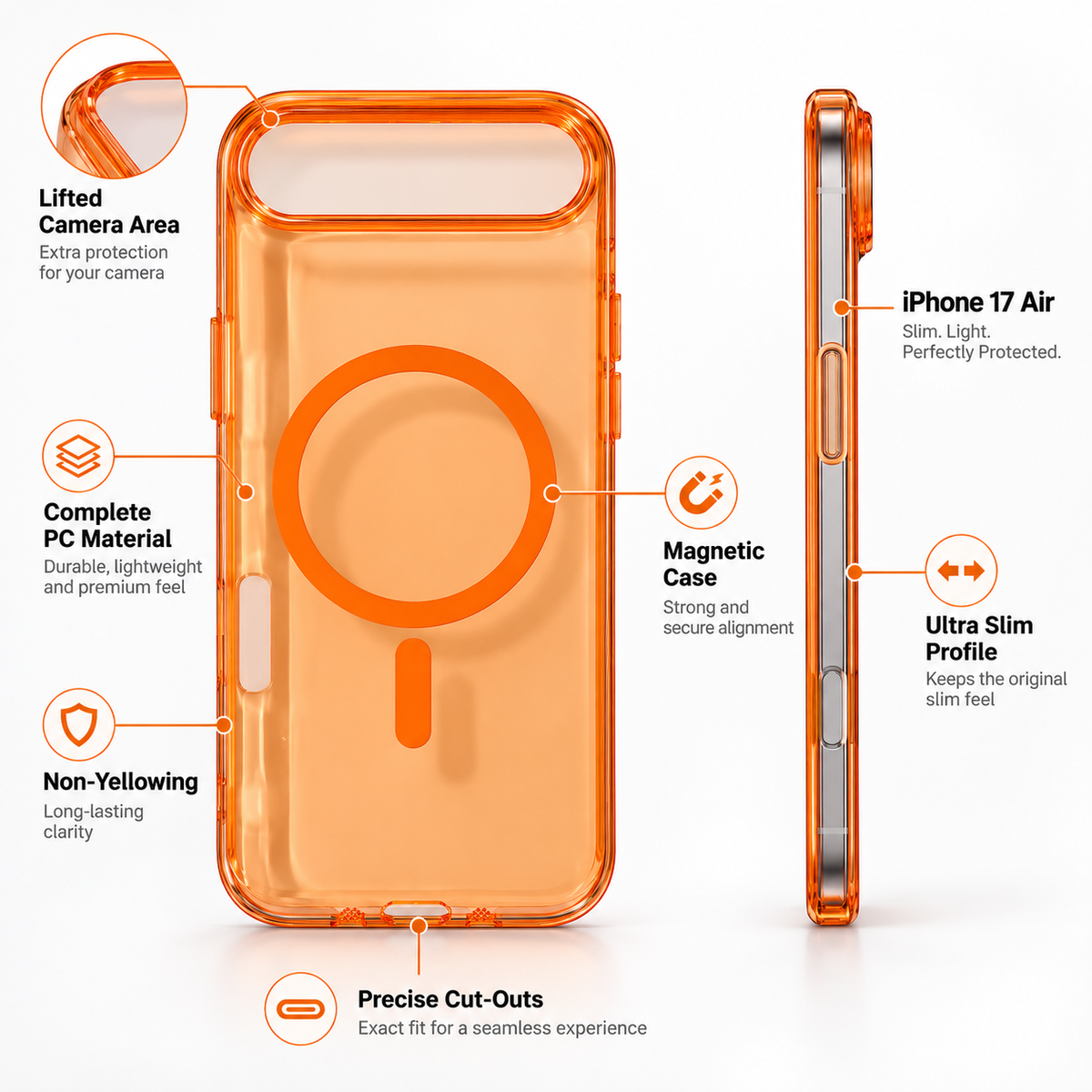 iPhone 17 Air Clear Hard PC Magnetic Ring Case – Orange & Smoke