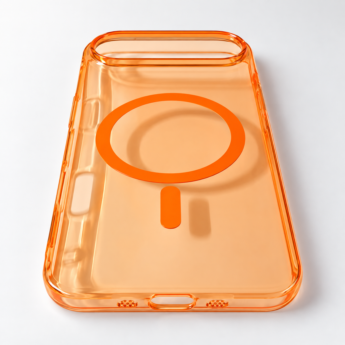 A translucent orange phone case with a matching orange MagSafe ring design on the back, shown on a clean white background.