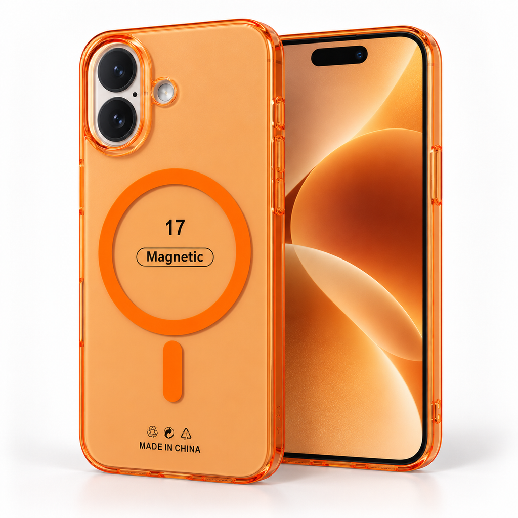 An orange transparent magnetic pc phone case shown on a smartphone for iphone 17, with the back view featuring a circular magnetic ring design and the front view showing the phone screen inside the case.
