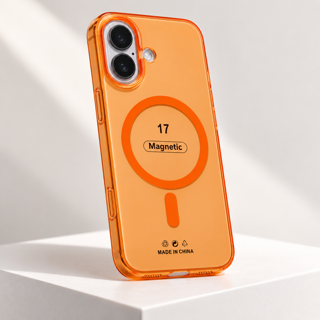 An orange transparent magnetic phone case with a circular MagSafe-style ring graphic and '17 Magnetic' text, shown standing upright on a white surface against a light gray background.