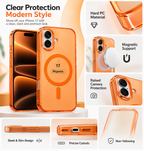 An orange transparent protective phone case shown on a phone for iphone 17, with multiple inset feature callouts reading Clear Protection, Hard PC Material, Magnetic Support, Raised Camera Protection, Sleek & Slim Design, Precise Cutouts, and Non-Yellowing.