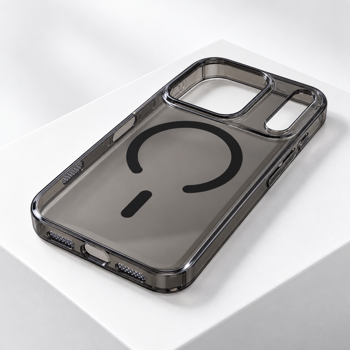 Smoke clear magnetic PC case for iPhone 17 Pro, angled view showing raised camera area and side cutouts