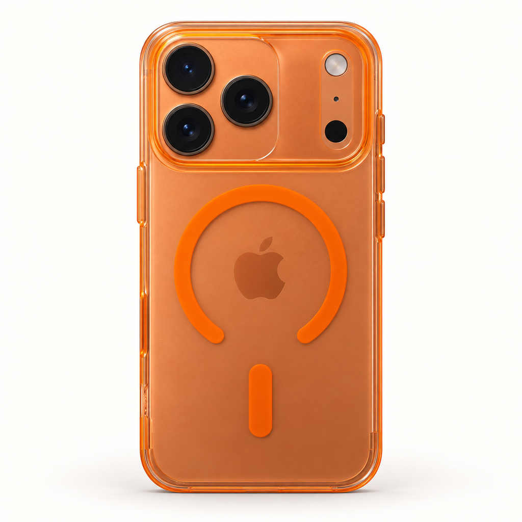 An orange transparent protective phone case with a MagSafe-compatible circular ring design on the back, shown on a white background.