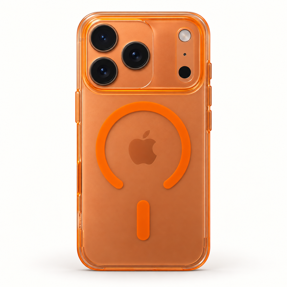 An orange transparent protective phone case with a MagSafe-compatible circular ring design on the back, shown on a white background.
