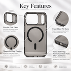 A clear protective phone case with a black magnetic ring and black camera cutout, shown on a white pedestal with feature callouts and text reading 'Key Features' on a light gray background.