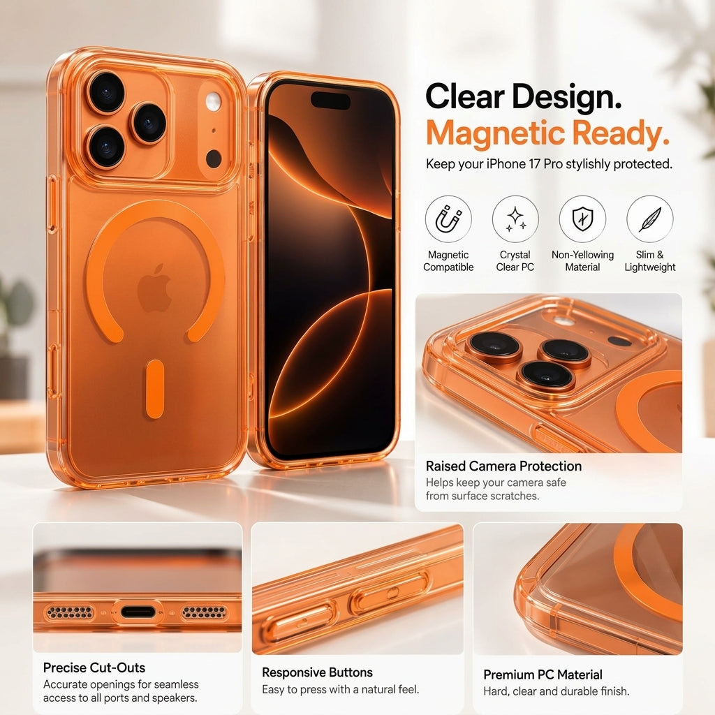 An orange transparent protective phone case shown on a smartphone, with feature callouts and icons for magnetic compatibility, clear PC material, raised camera protection, precise cutouts, responsive buttons, and premium durability. Text on the image references an iPhone 17 Pro.