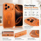 An orange transparent protective phone case shown on a smartphone, with feature callouts and icons for magnetic compatibility, clear PC material, raised camera protection, precise cutouts, responsive buttons, and premium durability. Text on the image references an iPhone 17 Pro.