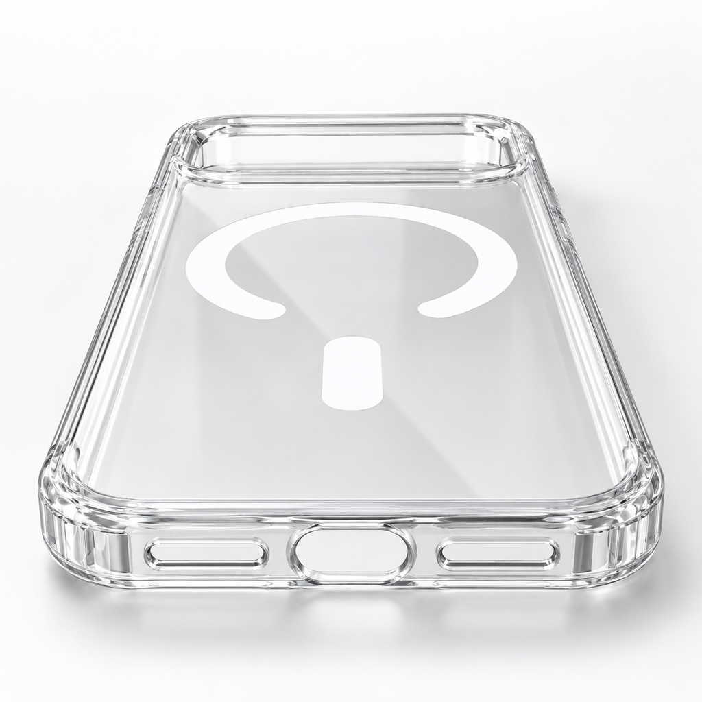 iPhone 17 Pro Max clear hybrid case viewed from the bottom, showing TPU edges and port cutouts
