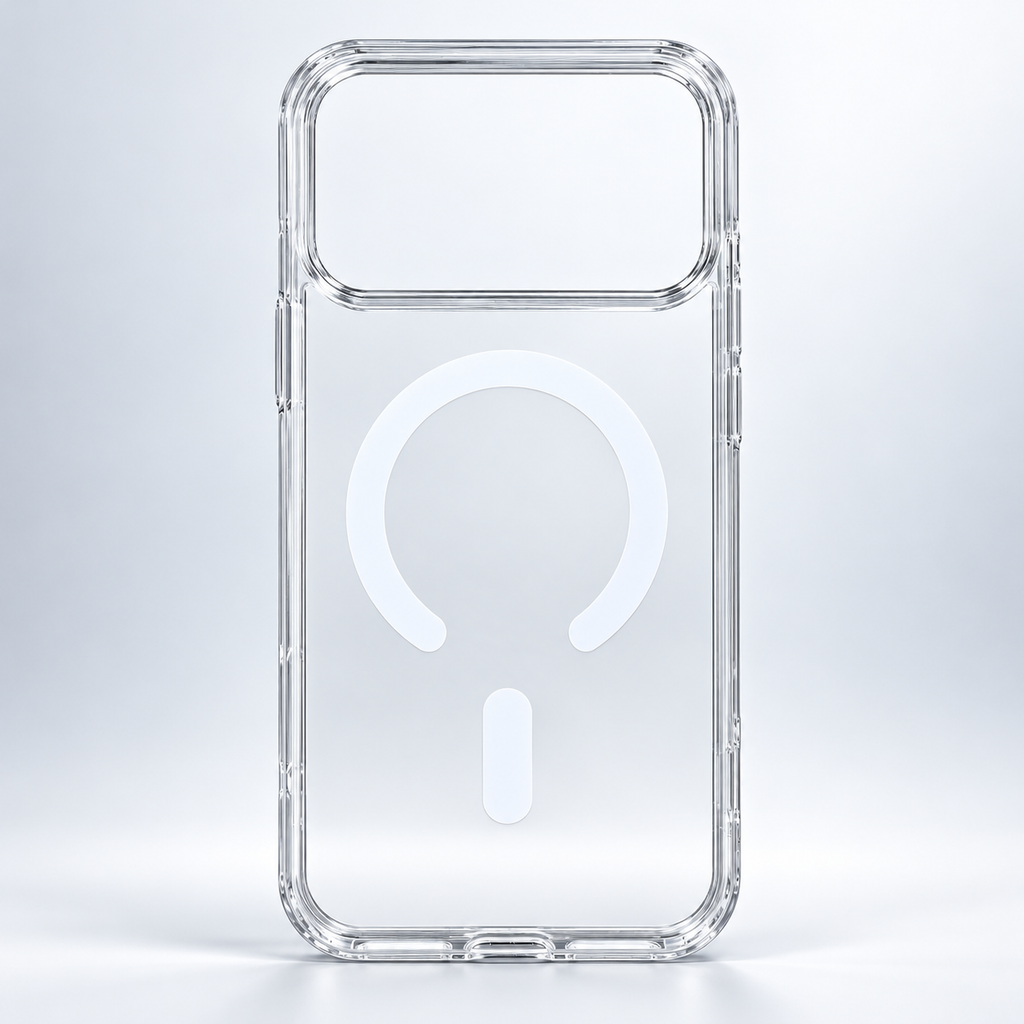 Clear hybrid case for iPhone 17 Pro Max with transparent back, white circular ring design and large camera opening