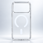 Clear hybrid case for iPhone 17 Pro Max with transparent back, white circular ring design and large camera opening