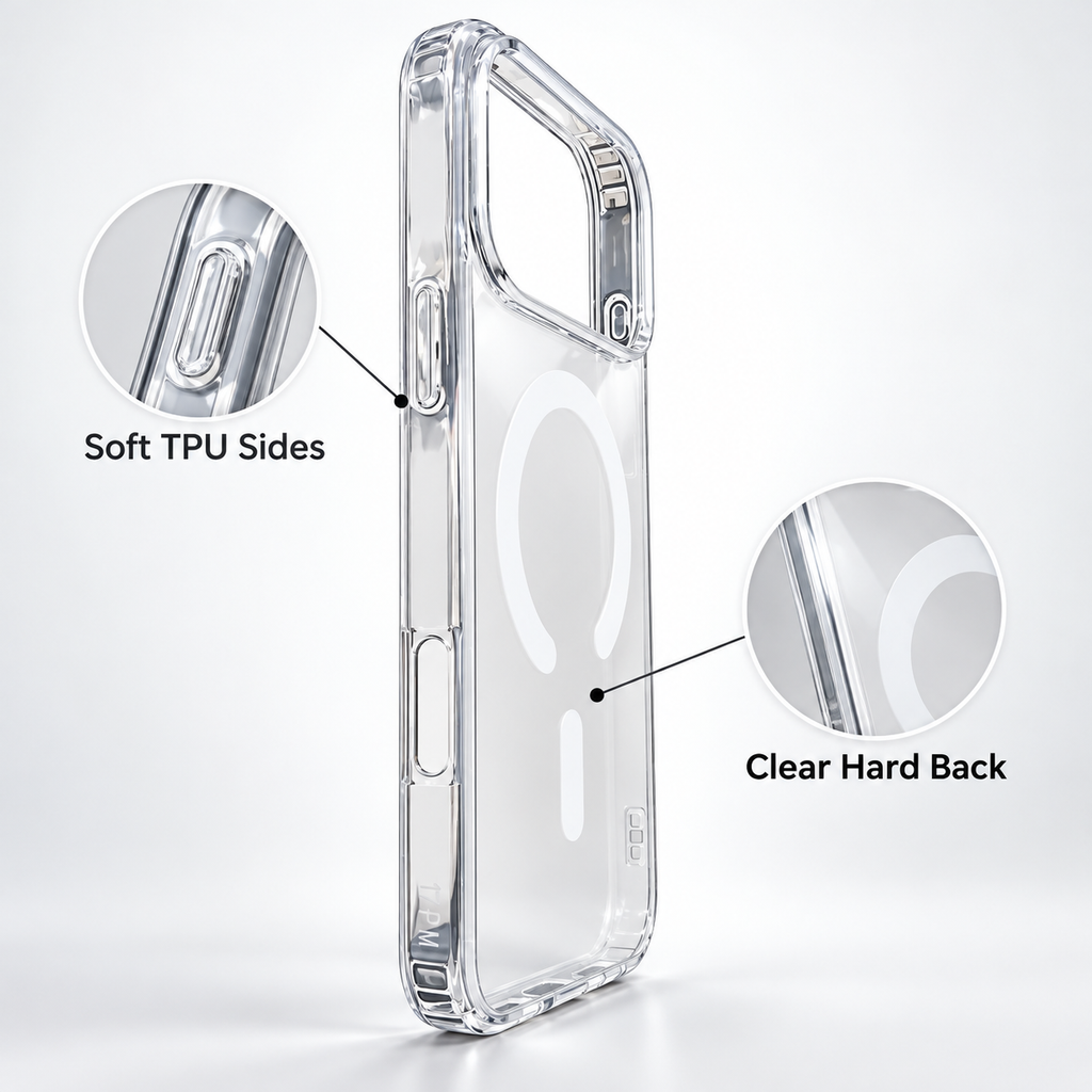 iPhone 17 Pro Max clear hybrid case material infographic showing soft TPU sides and a clear hard plastic back