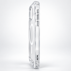 Side profile of clear hybrid case for iPhone 17 Pro Max showing transparent TPU frame, button covers and camera surround