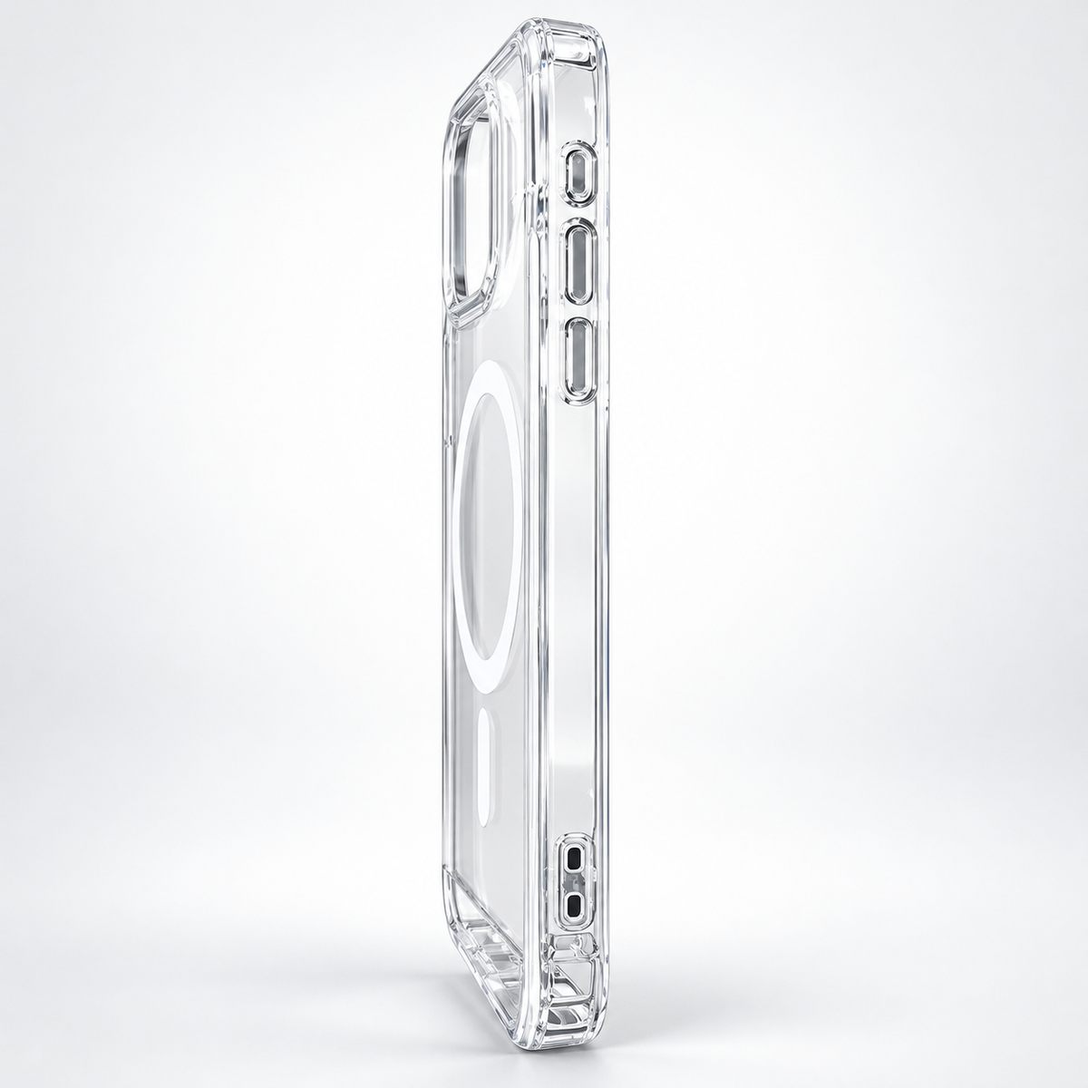 Side profile of clear hybrid case for iPhone 17 Pro Max showing transparent TPU frame, button covers and camera surround