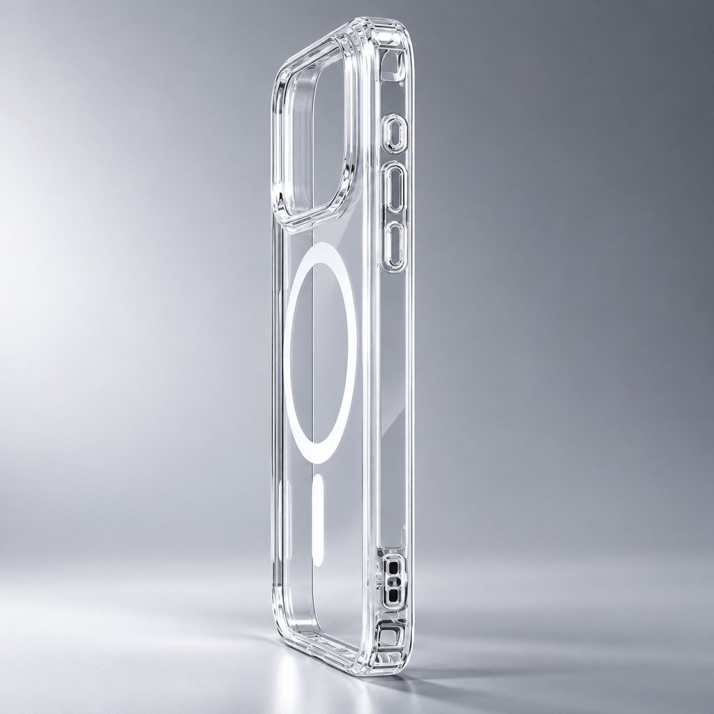 Transparent hybrid case for iPhone 17 Pro Max in an angled studio view with clear TPU sides and white circular ring design