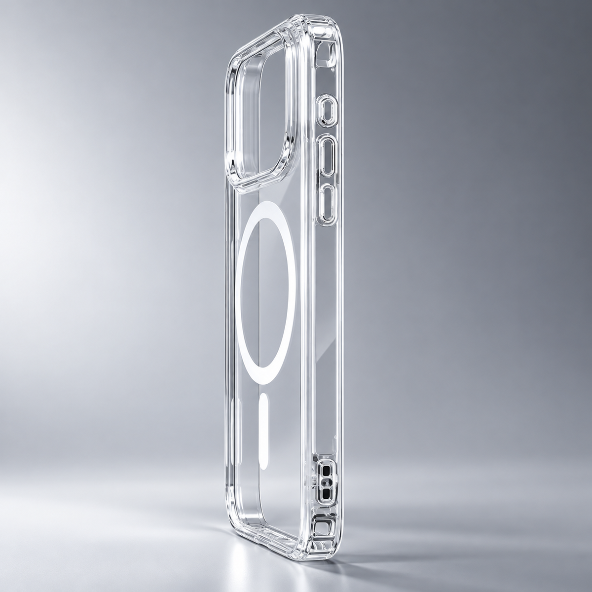 Transparent hybrid case for iPhone 17 Pro Max in an angled studio view with clear TPU sides and white circular ring design