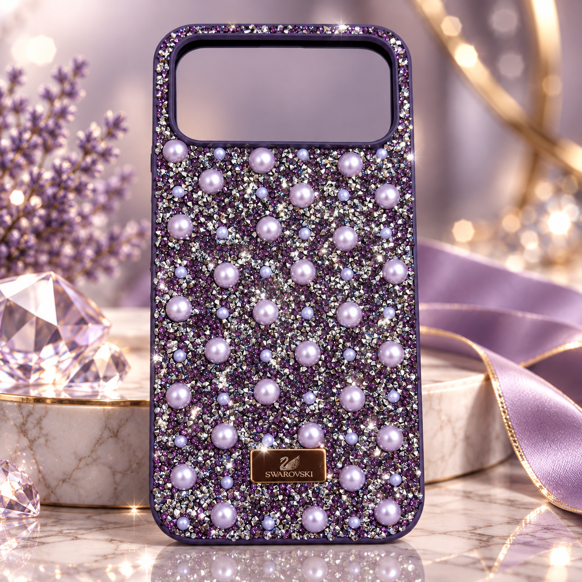 Lavender iPhone 17 Pro Max fashion case with rhinestone-style sparkle and pearl accents in a premium studio scene