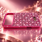 A pink phone case covered in rhinestone and 3D pearl embellishments, displayed on a reflective pink surface with a gold brand plaque. 