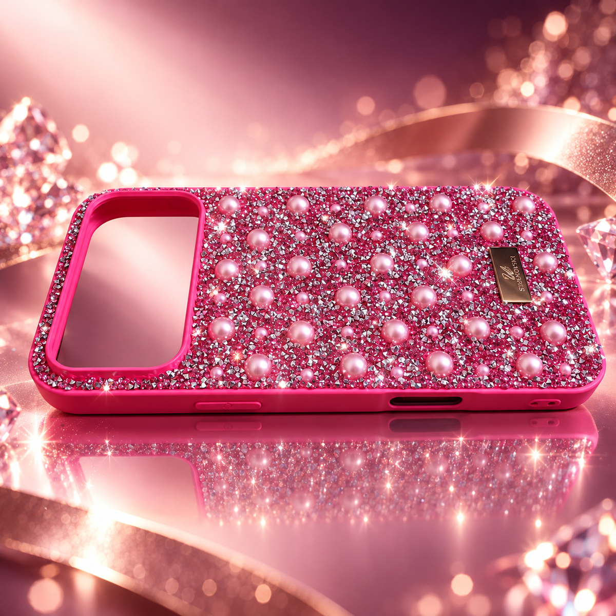 A pink phone case covered in rhinestone and 3D pearl embellishments, displayed on a reflective pink surface with a gold brand plaque. 