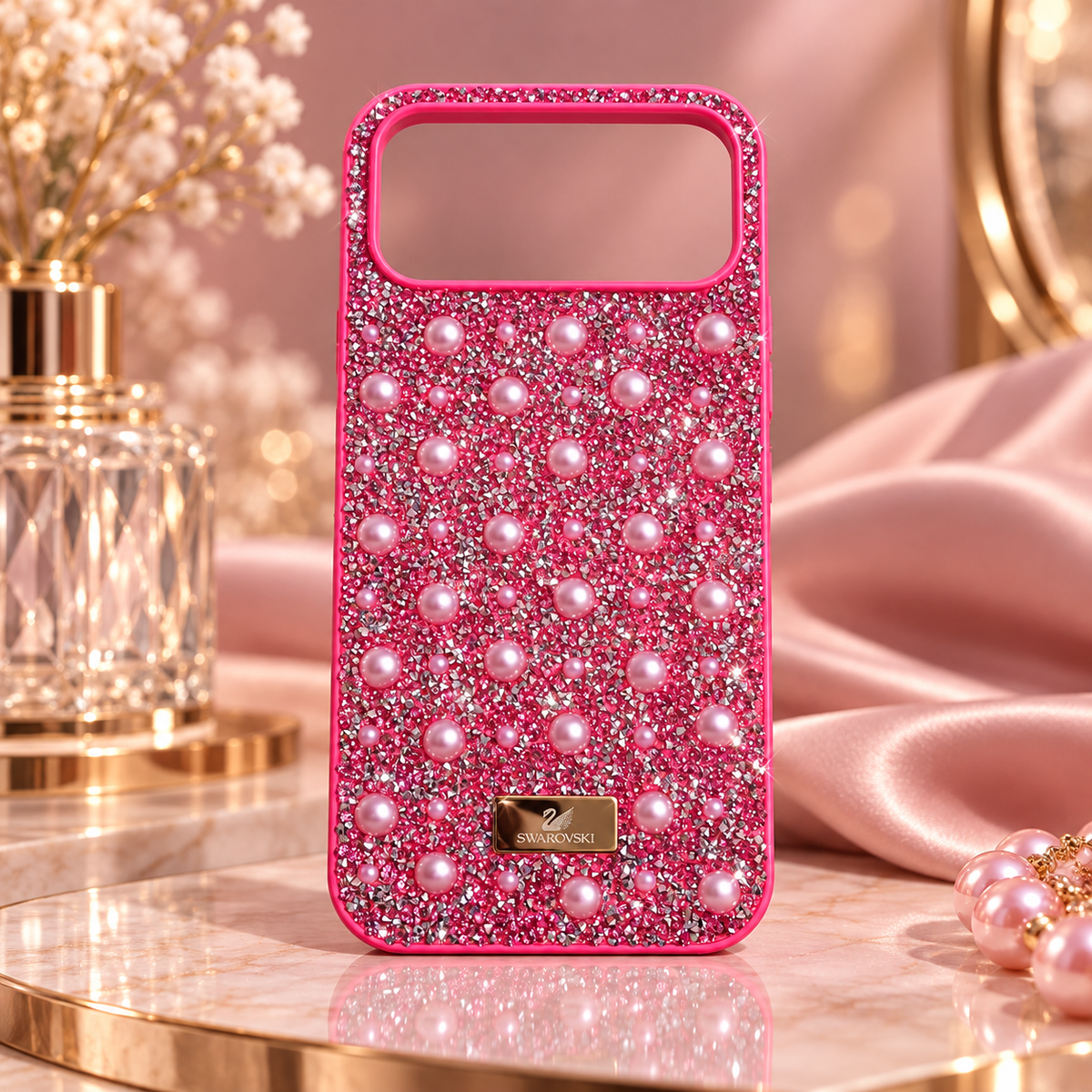 Pink rhinestone and pearl fashion case for iPhone 17 Pro Max in a soft pink luxury-style studio setting