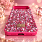 Close-up of the bottom edge and port cutouts on the pink iPhone 17 Pro Max rhinestone and pearl case