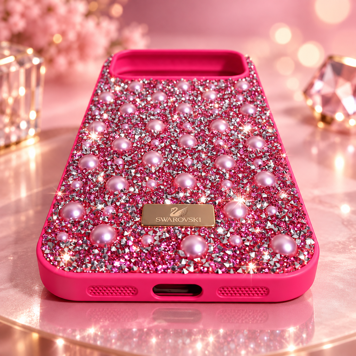 Close-up of the bottom edge and port cutouts on the pink iPhone 17 Pro Max rhinestone and pearl case