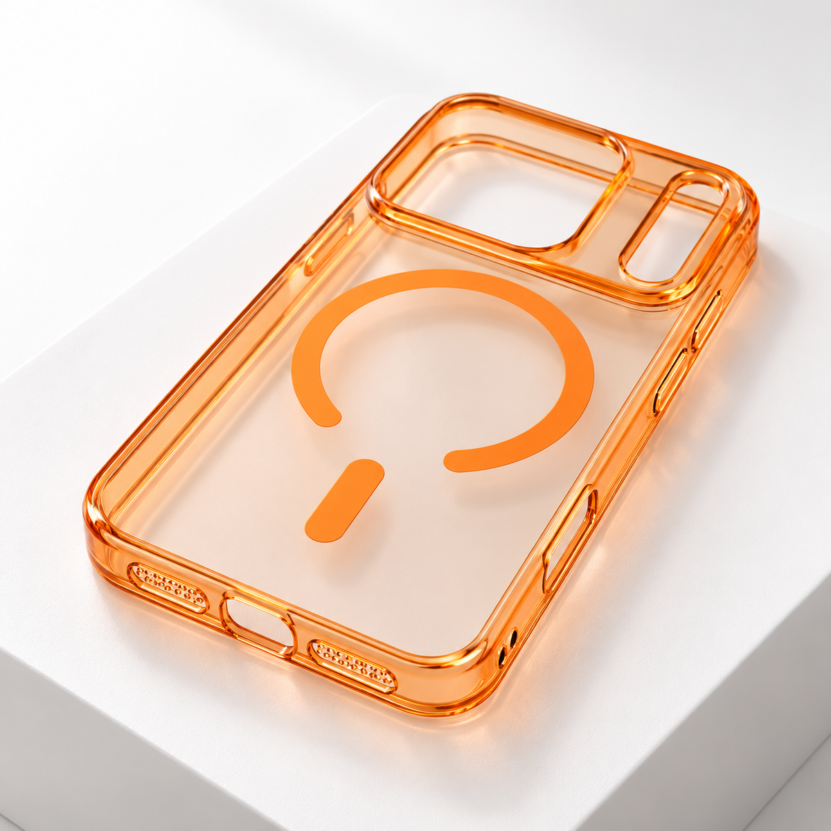 Orange clear magnetic PC case for iPhone 17 Pro, angled view showing camera opening and side controls