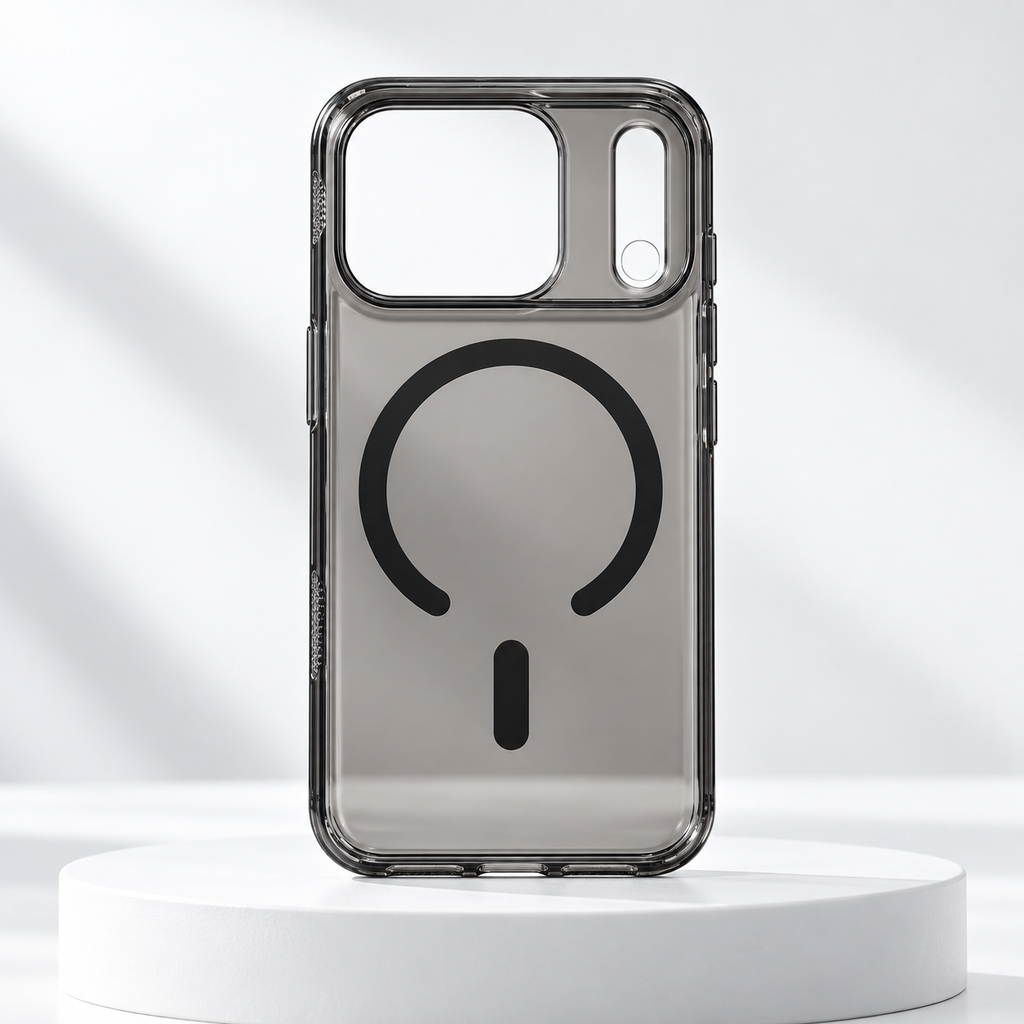 Smoke clear magnetic PC case for iPhone 17 Pro, rear view