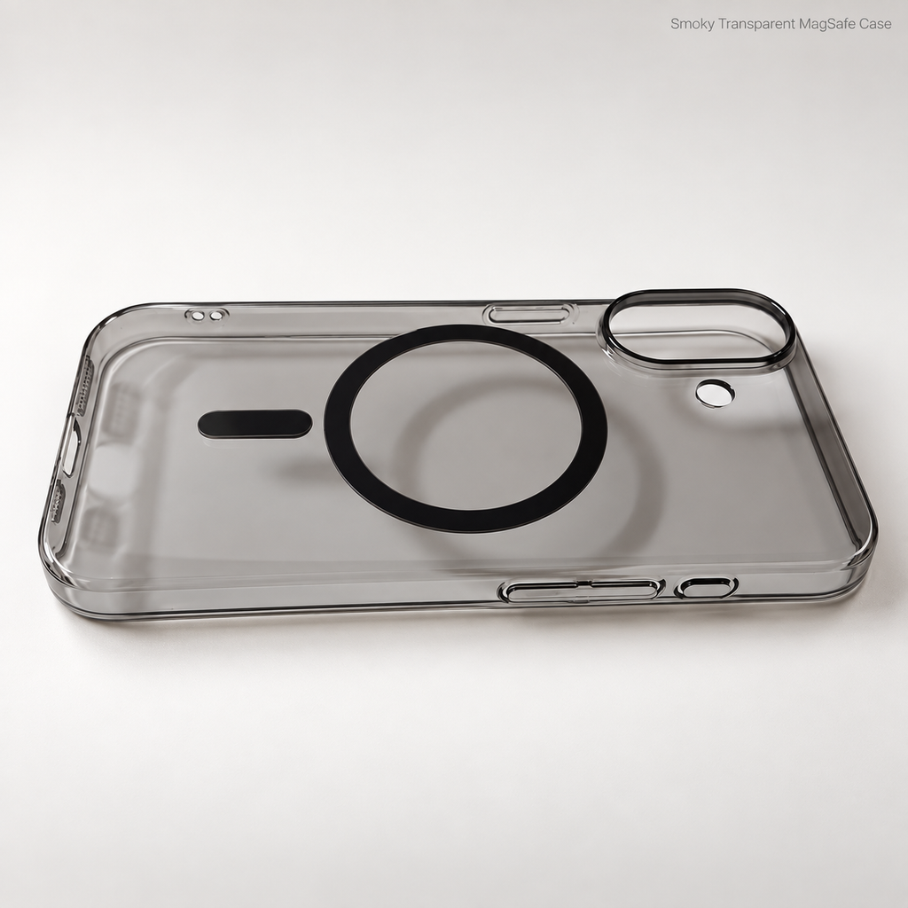 black tinted iphone 17 transparent case placed on white background