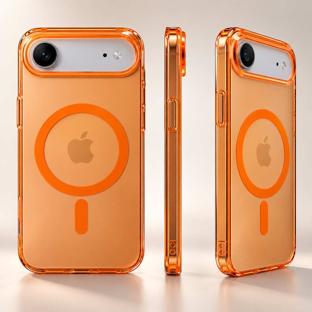 Orange clear hard PC case for iPhone Air showing rear, side and angled profiles