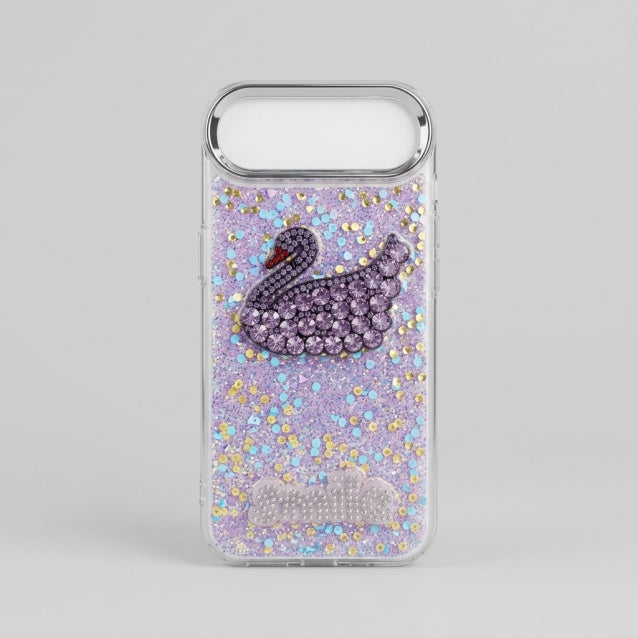 iPhone Air clear glitter case with purple rhinestone-style swan design