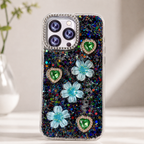 iPhone 13 Pro floral heart glitter case with raised decorative details