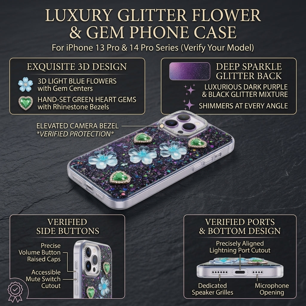 iPhone 13 Pro floral glitter case feature infographic