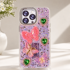 Decorative iPhone 13 Pro case with multicolour glitter, floral and heart accents