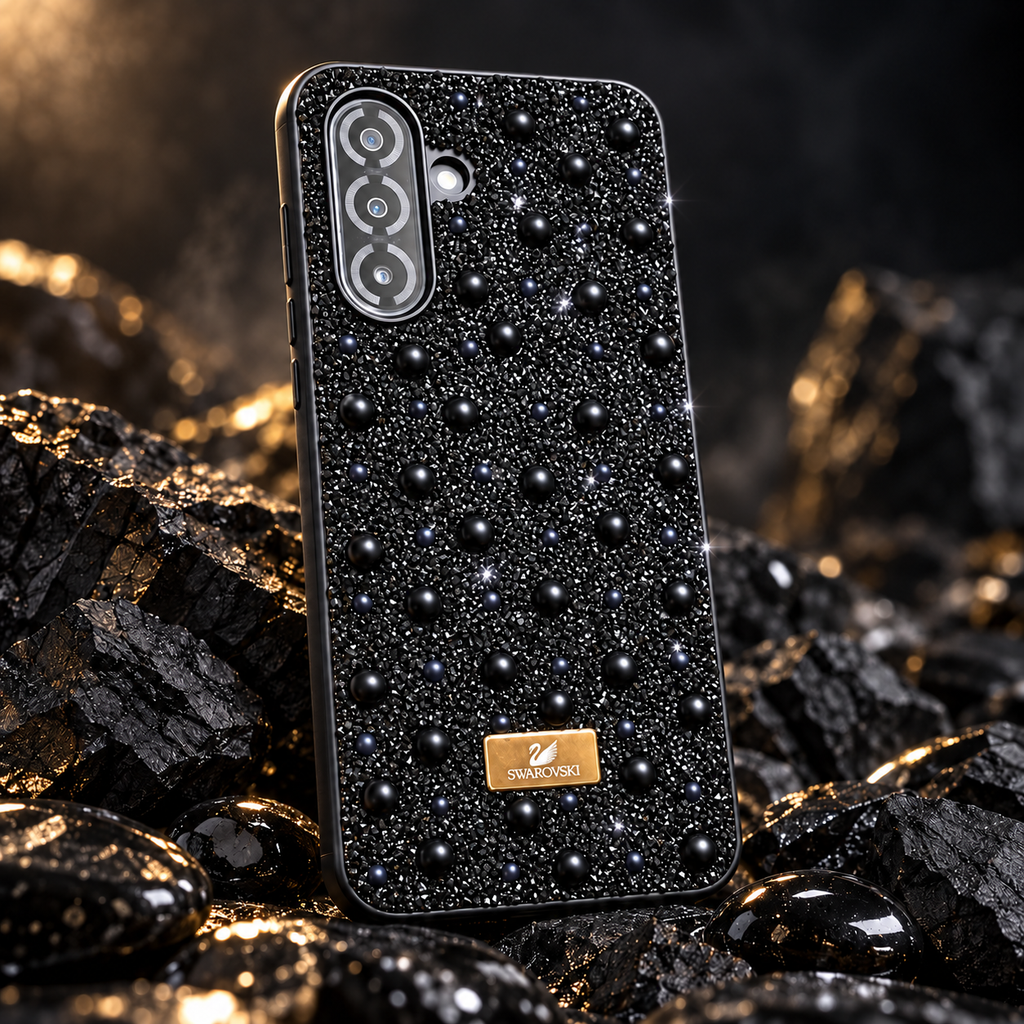 Black rhinestone and pearl Samsung Galaxy A17/A26 case in a premium studio setting