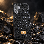 Black rhinestone and pearl Samsung Galaxy A17/A26 case in a premium studio setting